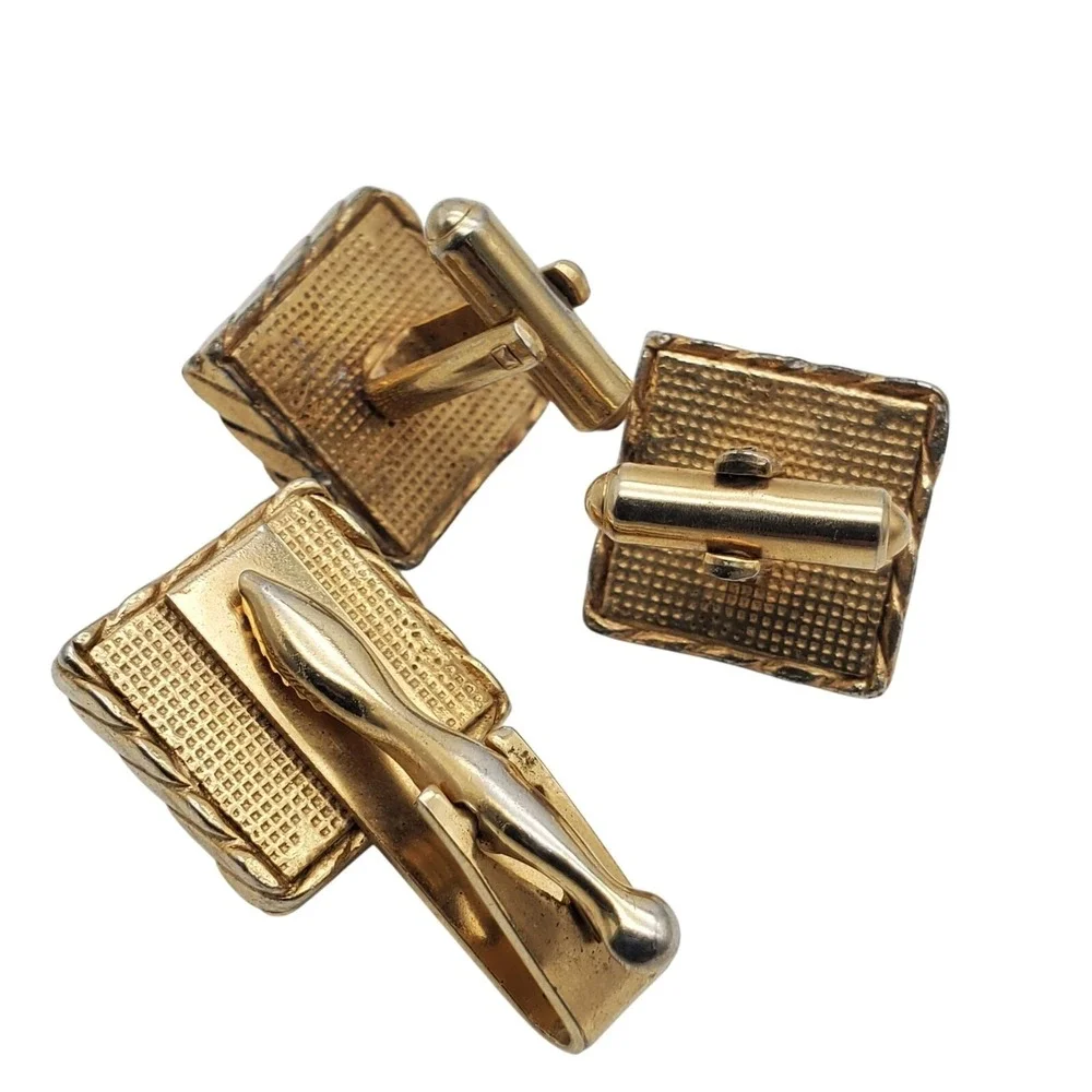 Dark Gray Square Cufflinks & Tie Clip Gold Tone Bar Clasp Faux Moonglow Vtg Set